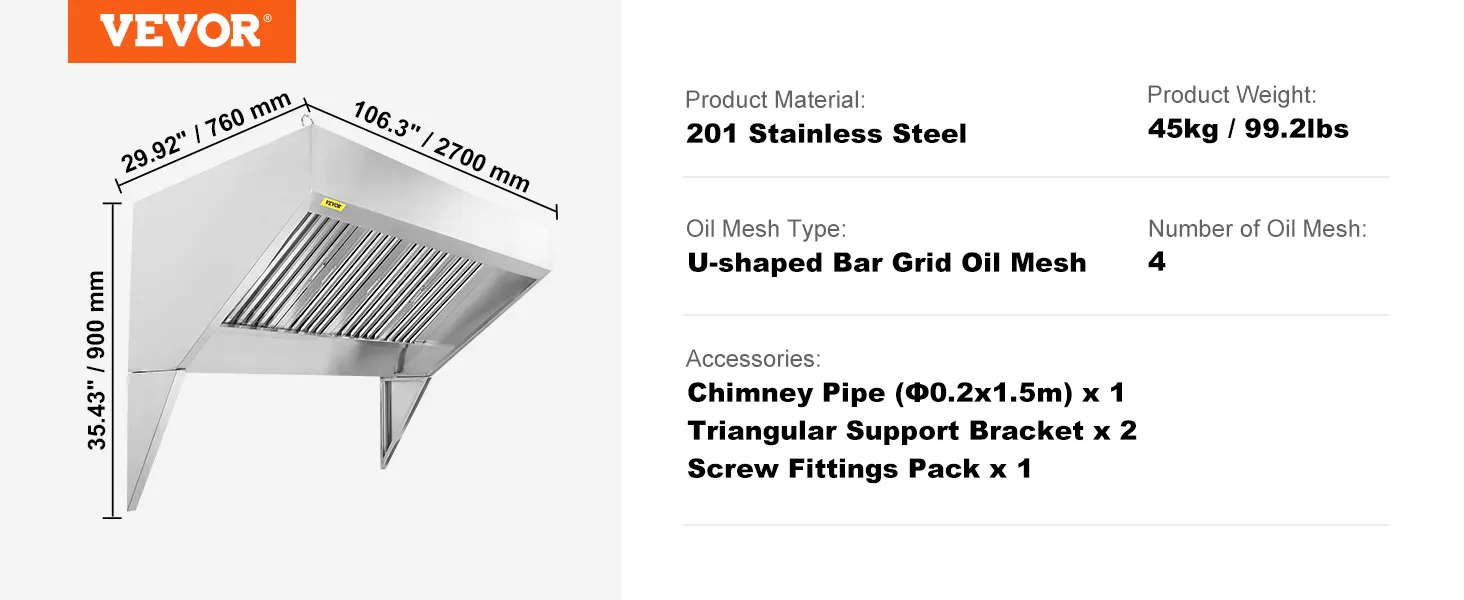VEVOR commercial exhaust hood, stainless steel, 45kg, u-shaped oil mesh, 4 meshes, includes accessories.
