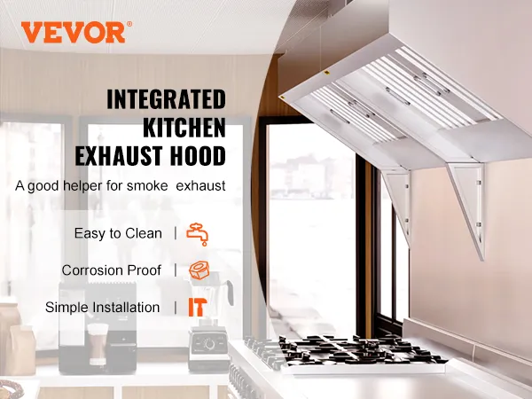 VEVOR commercial exhaust hood in modern kitchen, easy to clean, corrosion-proof, and simple installation.