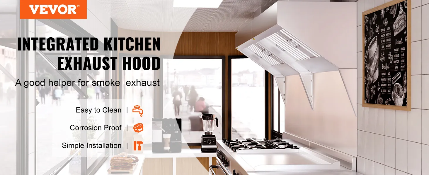 VEVOR commercial exhaust hood in modern kitchen, easy to clean, corrosion-proof, and simple installation.