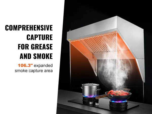 VEVOR commercial exhaust hood with 106.3" expanded smoke capture area for grease and smoke.