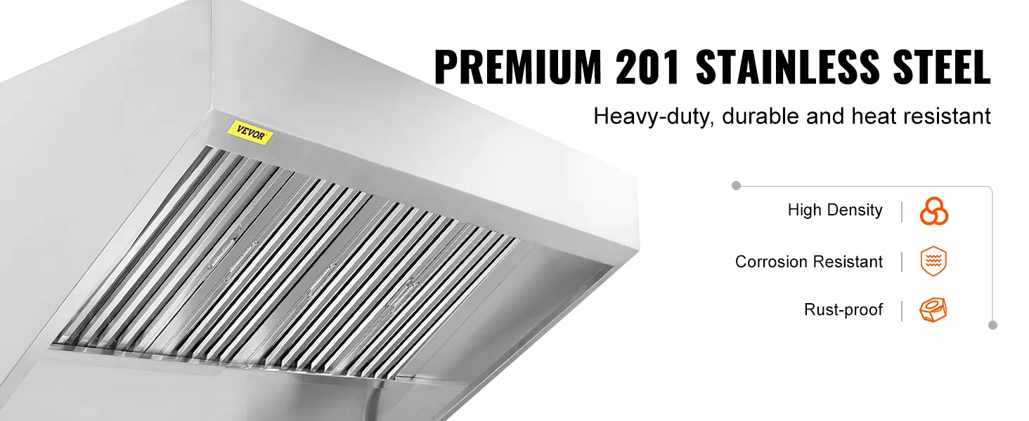 VEVOR commercial exhaust hood made from premium 201 stainless steel, heavy-duty, durable, and rust-proof.