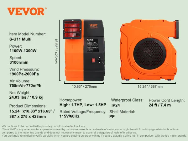 VEVOR inflatable blower s-u11 multi, 1.5hp, 1100w-1300w, 3100r/min speed, 2000pa wind pressure.