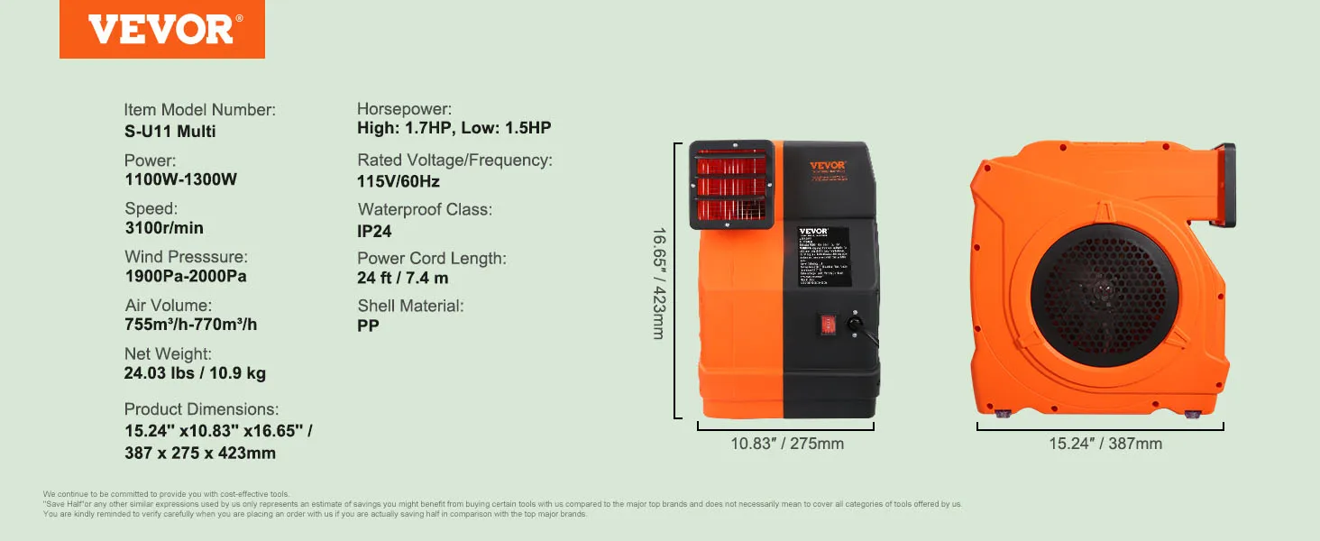VEVOR inflatable blower s-u11 multi, 1.5hp, 1100w-1300w, 3100r/min speed, 2000pa wind pressure.