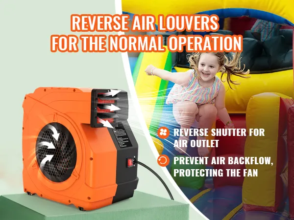 VEVOR inflatable blower showcasing reverse air louvers with a child playing on a colorful inflatable slide.