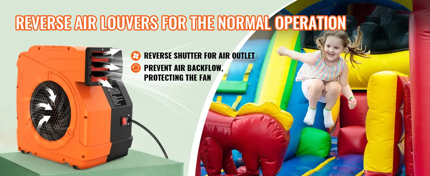 Castillo inflable VEVOR que muestra rejillas de aire invertidas, inflables coloridos y niños saltando.