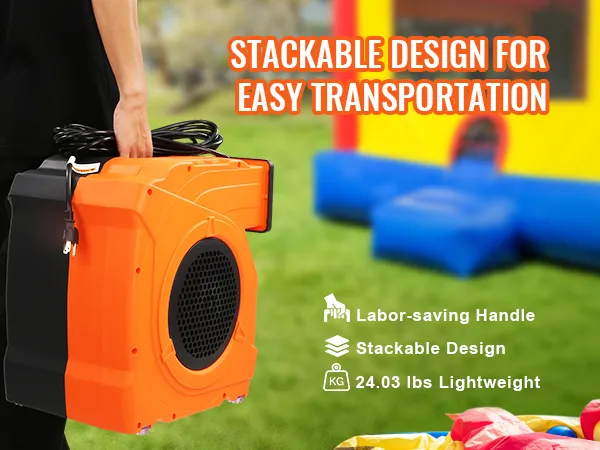 Soplador de castillo inflable VEVOR con mango que ahorra trabajo, diseño apilable y liviano para facilitar su transporte.
