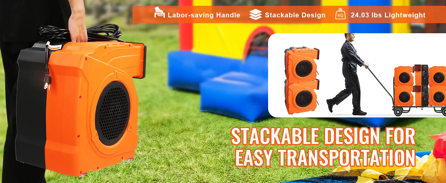 Soplador de castillo inflable VEVOR con mango que ahorra trabajo, diseño apilable y liviano para facilitar su transporte.