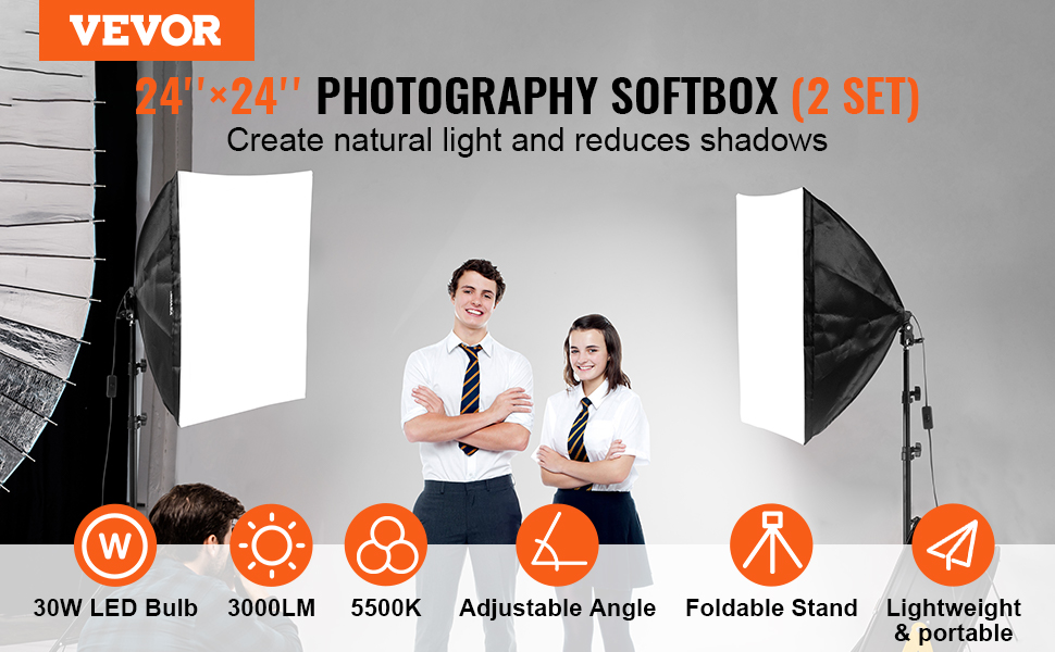 VEVOR Kit Éclairage Softbox 60x60cm Professionnel - 2 Softbox LED 30W 5500K + Trépieds Réglables, Pour Photo/Vidéo - 4