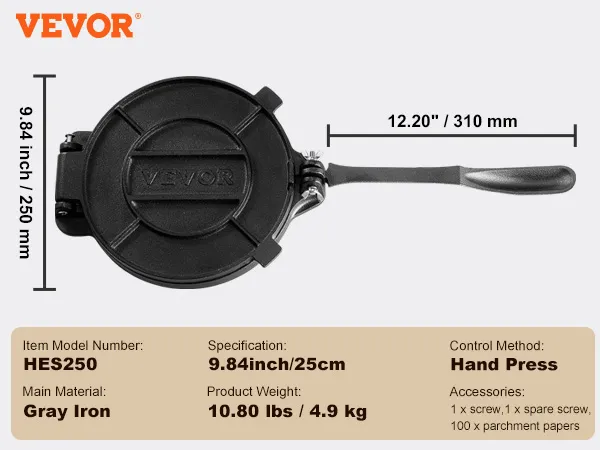VEVOR tortilla press hes250, 9.84 inch gray iron, hand press, 10.80 lbs, with screw and parchment papers.