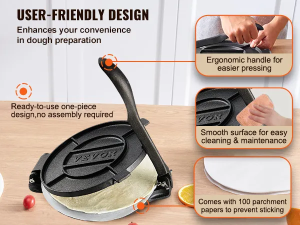 VEVOR tortilla press with ergonomic handle, smooth surface, and included parchment papers for convenience.