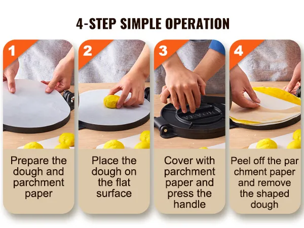 4-step simple operation for VEVOR tortilla press: prepare dough, place on surface, press, remove shaped dough.
