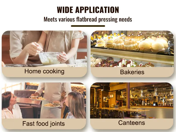 wide application of VEVOR tortilla press for home cooking, bakeries, fast food joints, and canteens.