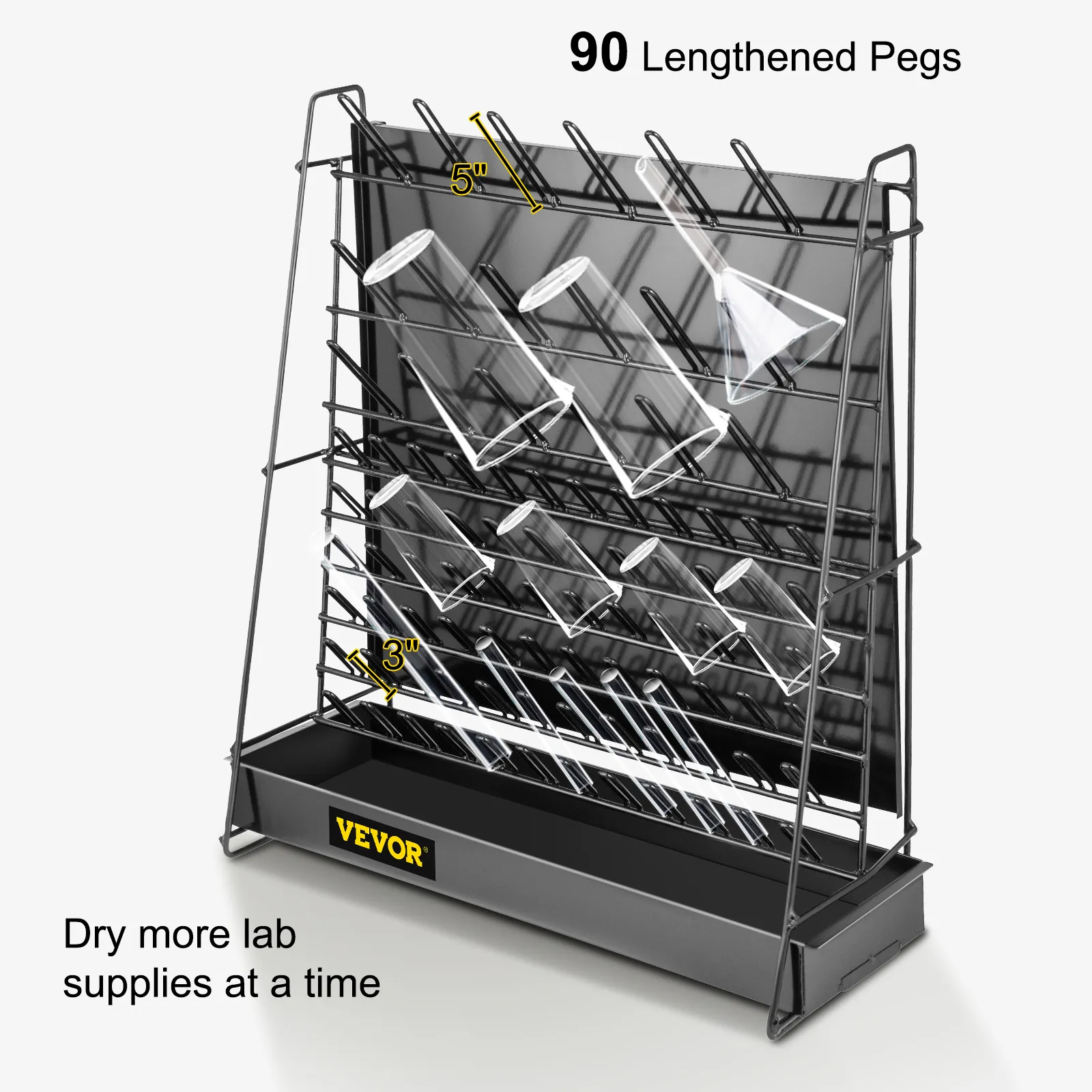 VEVOR lab glassware drying rack with 90 pegs and multiple glass containers drying.