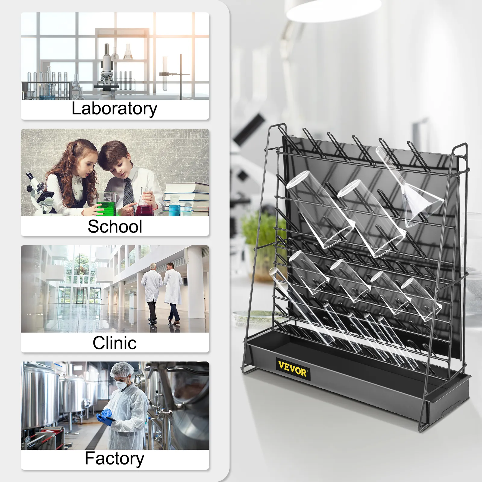 VEVOR lab glassware drying rack in laboratory, school, clinic, and factory settings.