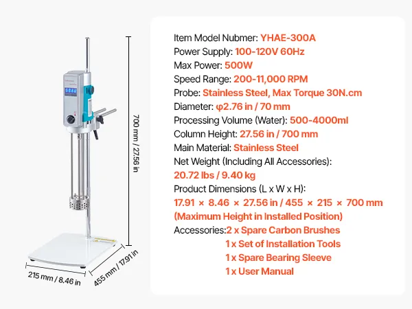 Homogenizer 500 W Laboratory High Speed Dispersing Homogenizer 200-11000 RPM