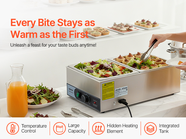 VEVOR Commercial Food Warmer, 1200W Electric Stainless Steel Steam