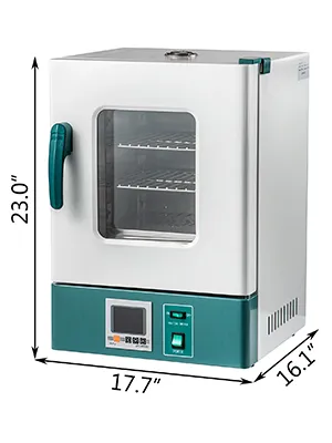 VEVOR lab incubator with dimensions 23.0"x17.7"x16.1", green and white design.