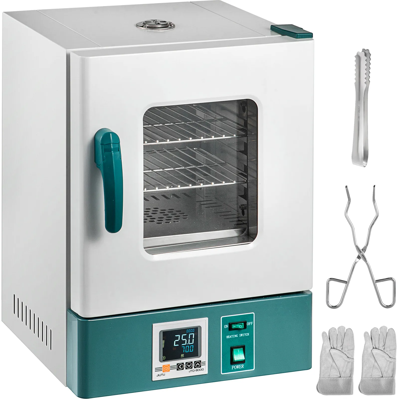 VEVOR lab incubator with digital control, tongs, gloves, and tray holders.