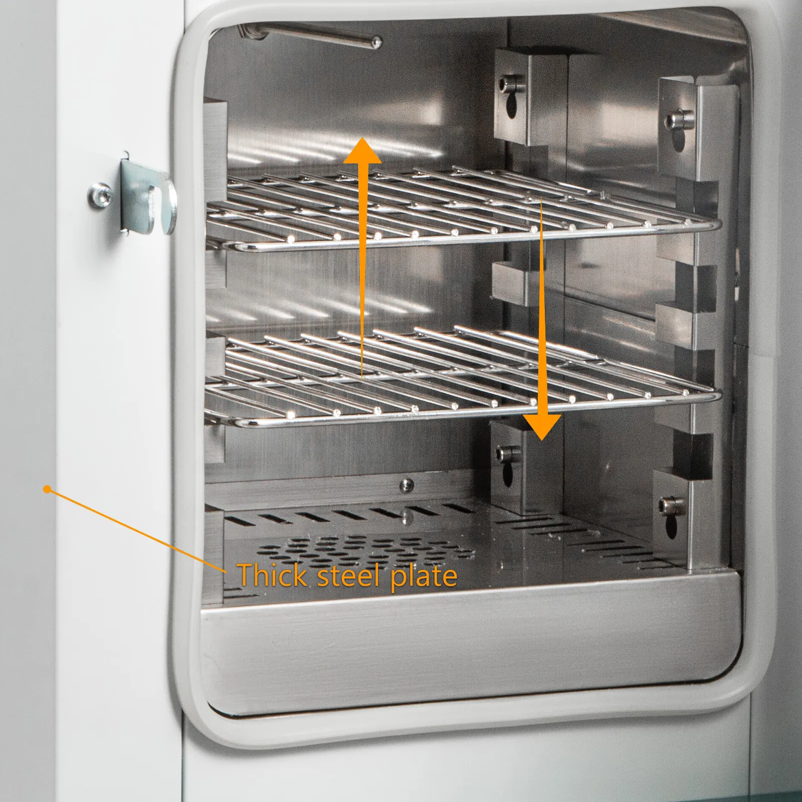 VEVOR lab incubator with steel shelves and thick steel plate for durability and stability.