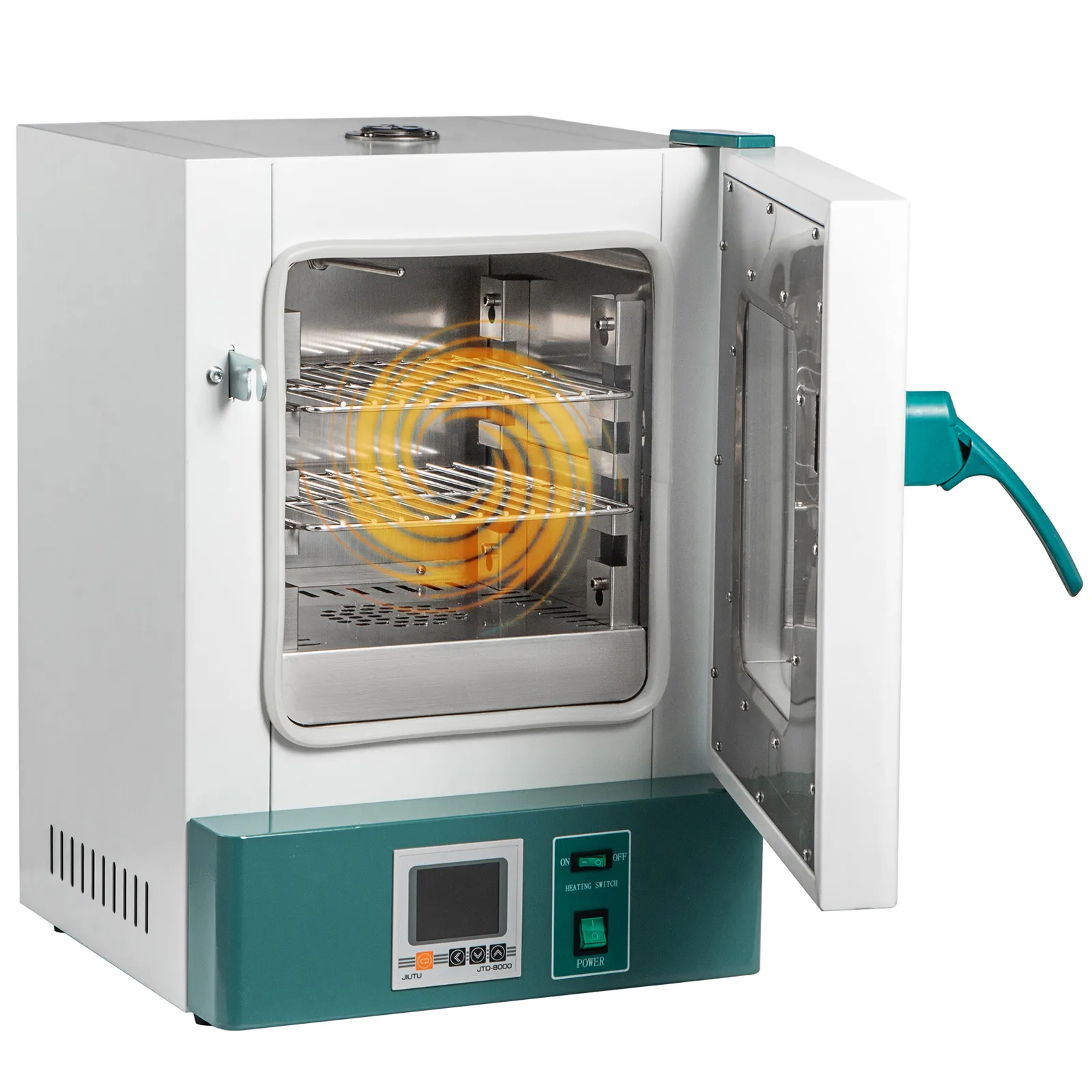 VEVOR lab incubator with digital controls and open door showing interior shelves.