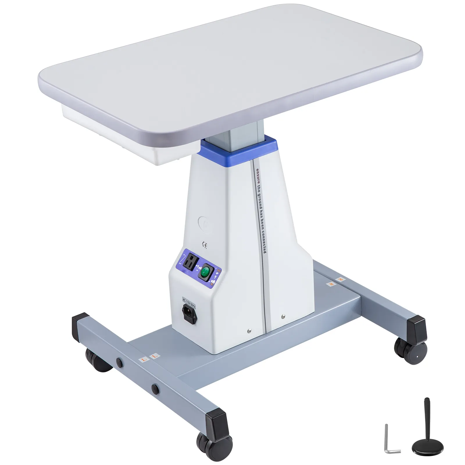 VEVOR motorized instrument table with adjustable height and sturdy base on wheels.