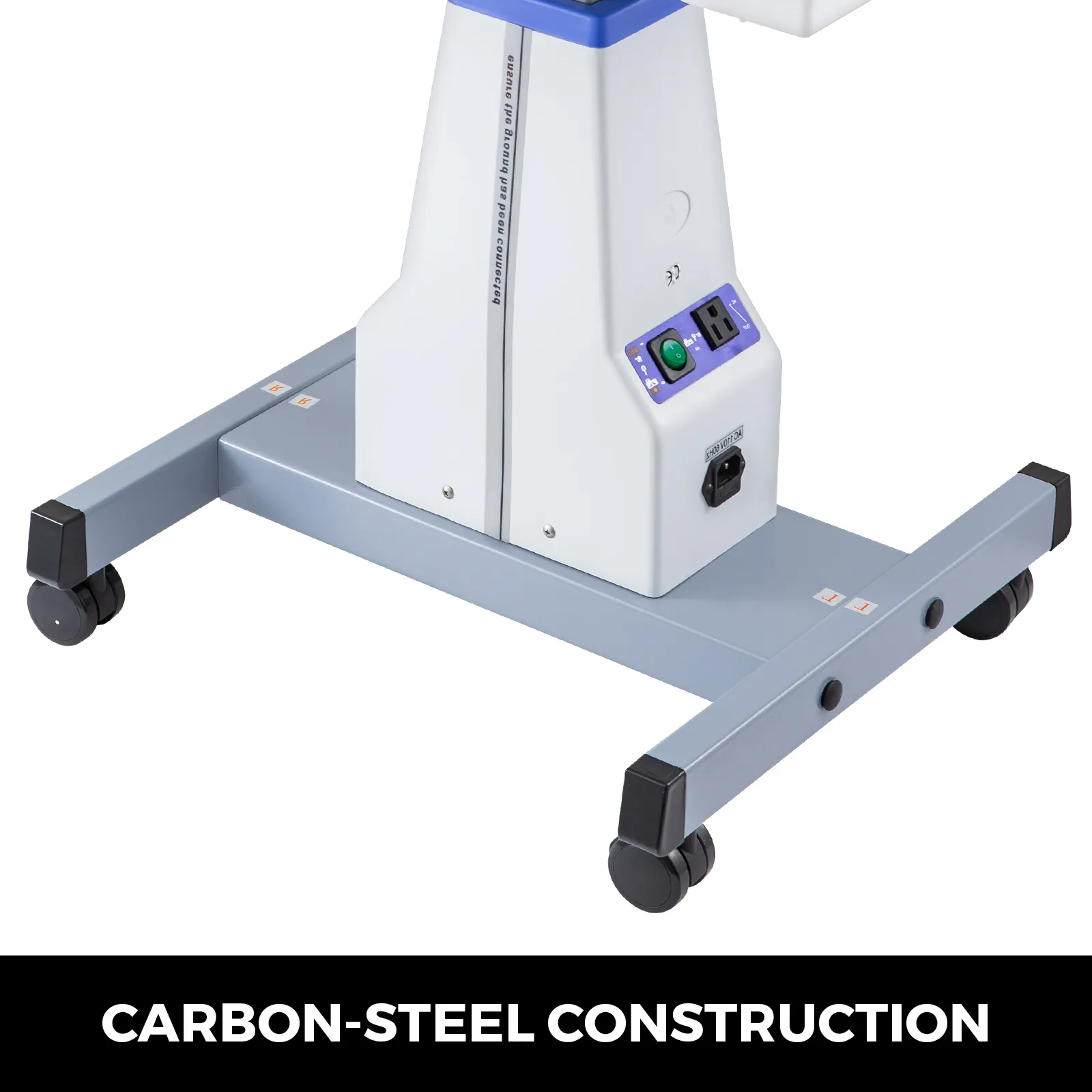 VEVOR motorized instrument table with carbon-steel base and caster wheels.