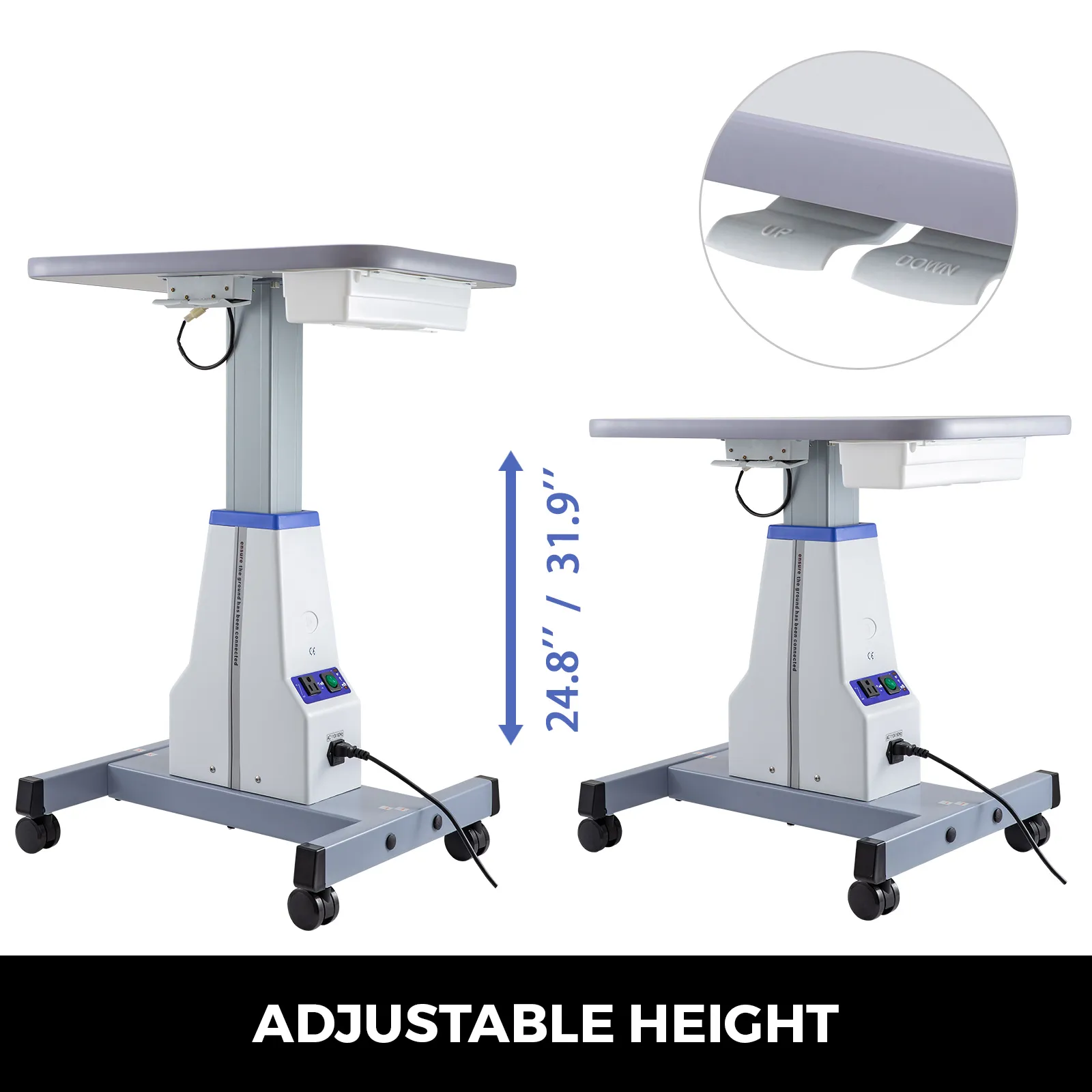 VEVOR motorized instrument table with adjustable height between 24.8” and 31.9”.