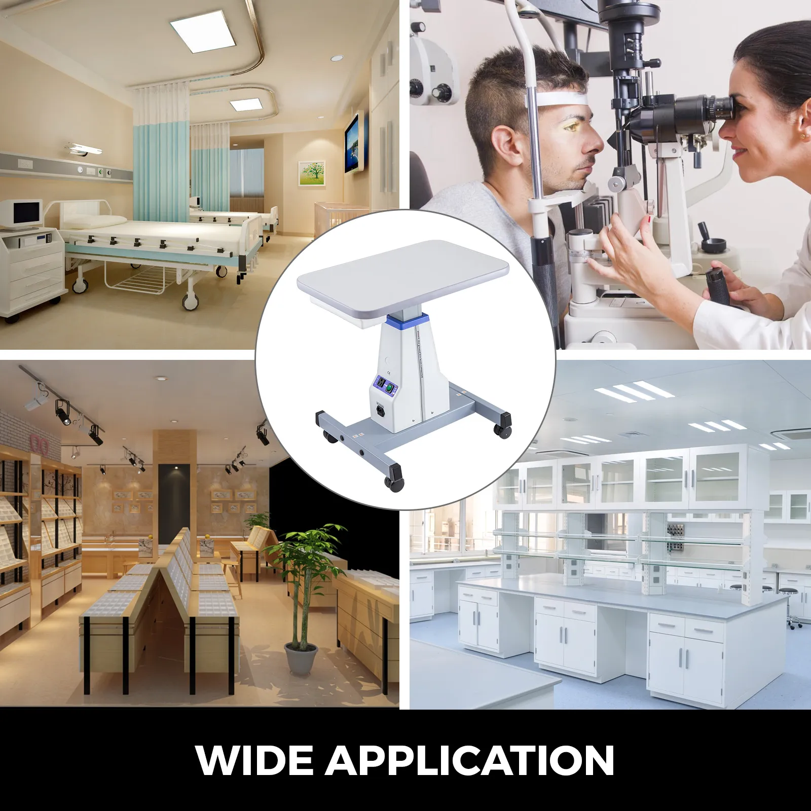 VEVOR motorized instrument table in hospital, clinic, lab, store, and office settings.