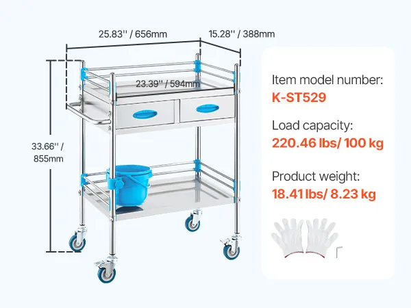Carrello di servizio da laboratorio VEVOR con due cassetti, maniglie blu e ripiano inferiore; dimensioni: 25,83"x15,28"x33,66".