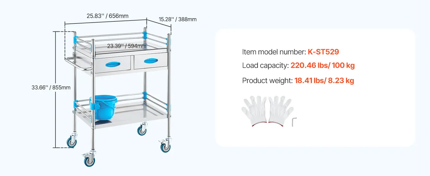 Carrello di servizio da laboratorio VEVOR con due cassetti, maniglie blu e ripiano inferiore; dimensioni: 25,83"x15,28"x33,66".