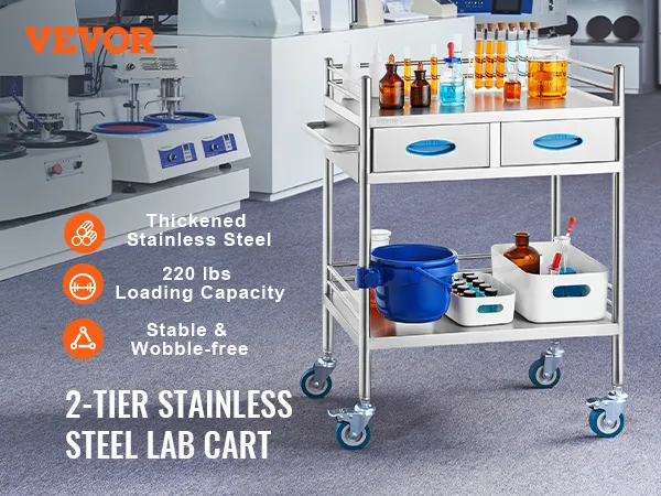 Carrello di servizio da laboratorio VEVOR in un laboratorio attrezzato, caratterizzato da un design in acciaio inox a 2 ripiani e cassetti portaoggetti.