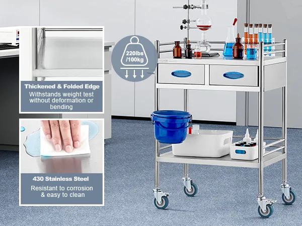 Carrello di servizio da laboratorio VEVOR con flaconi per prodotti chimici, in resistente acciaio inox 430, supporta 220 libbre.