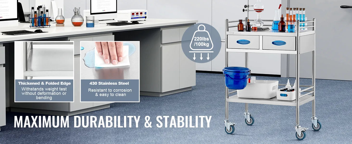 Carrello di servizio da laboratorio VEVOR con flaconi per prodotti chimici, in resistente acciaio inox 430, supporta 220 libbre.