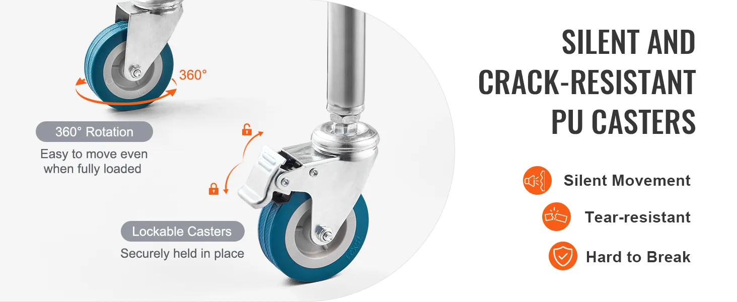 Ruote in PU silenziose e resistenti alle crepe su un carrello da laboratorio VEVOR, con ruote bloccabili a 360°.