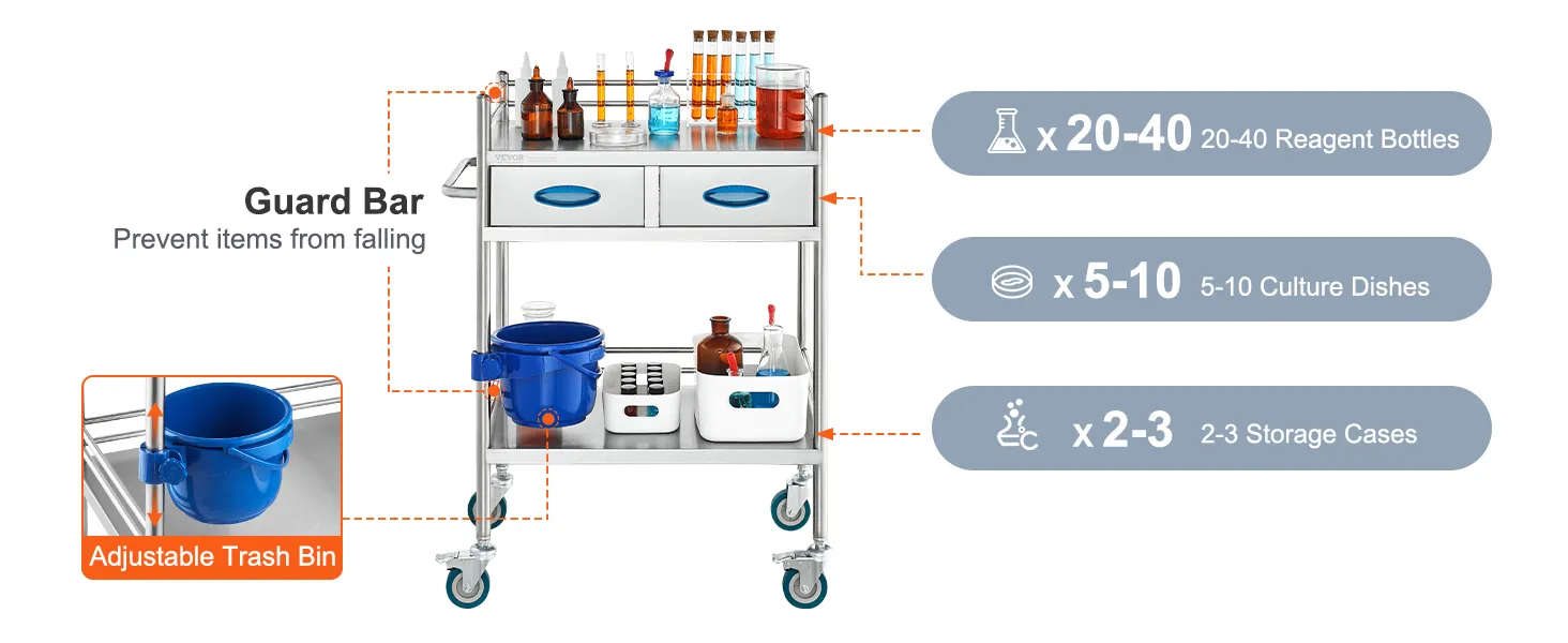 Carrello di servizio da laboratorio VEVOR con barra di protezione, 20-40 flaconi di reagenti, 5-10 piastre di coltura, 2-3 contenitori di stoccaggio.