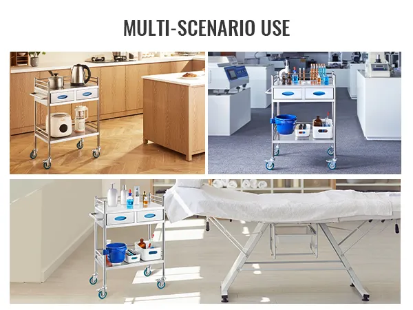 Il carrello di servizio da laboratorio VEVOR in vari contesti, che mostra la sua utilità in laboratori, cucine e cliniche.