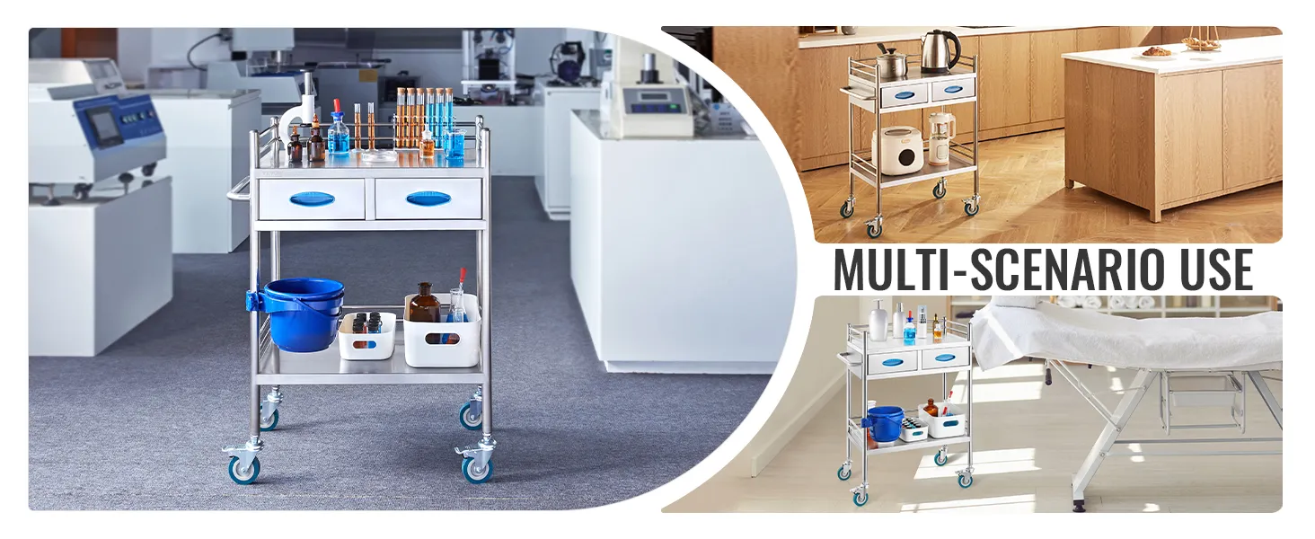 Il carrello di servizio da laboratorio VEVOR in vari contesti, che mostra la sua utilità in laboratori, cucine e cliniche.