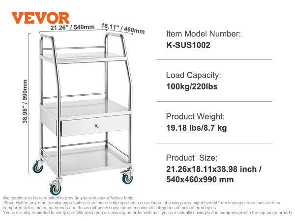 VEVOR stainless steel utility cart with three shelves, drawer, and wheels, model k-sus1002, 100kg capacity.