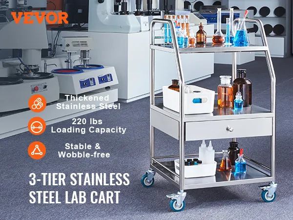 VEVOR stainless steel utility cart in a lab with beakers, bottles, and equipment on a 3-tier design.