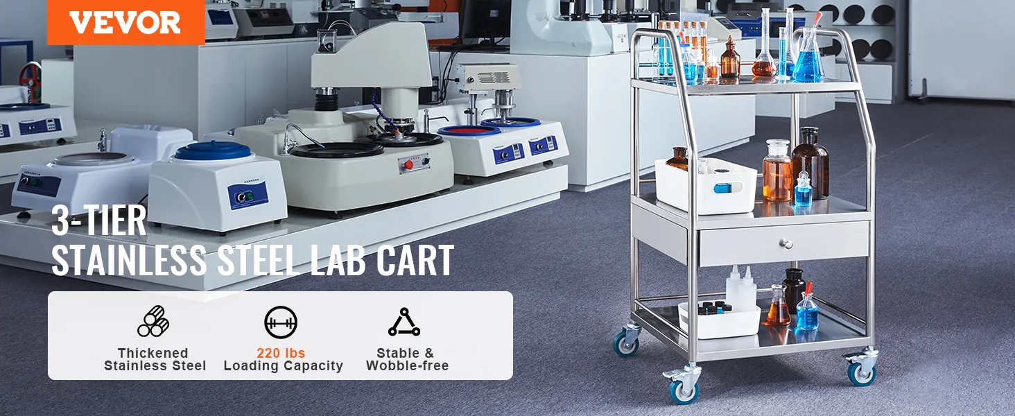 VEVOR stainless steel utility cart in a lab with beakers, bottles, and equipment on a 3-tier design.