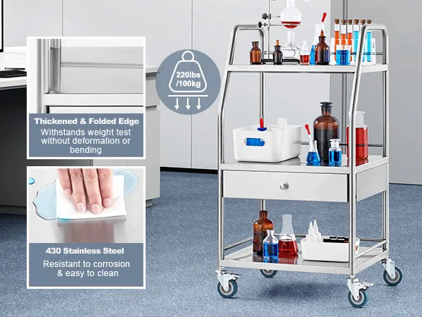 VEVOR stainless steel utility cart in a lab with organized bottles and equipment, highlighting durability.