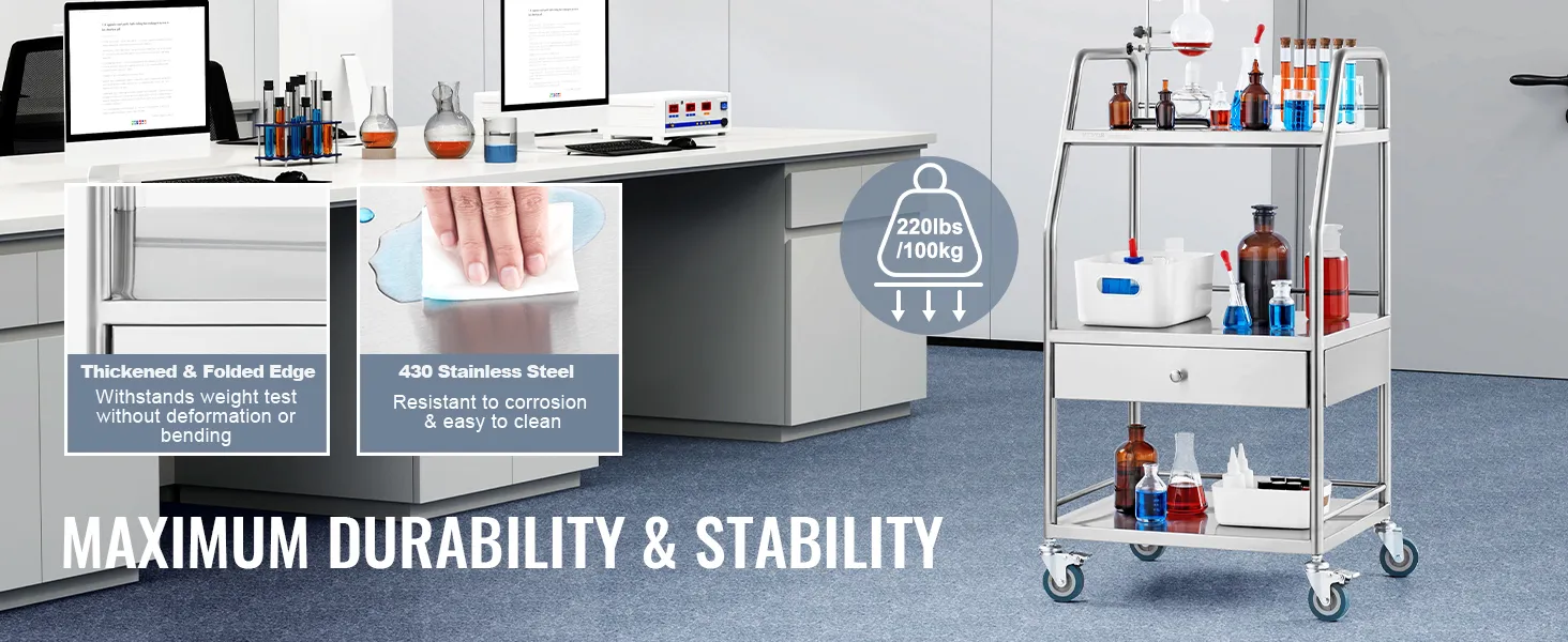VEVOR stainless steel utility cart in a lab with organized bottles and equipment, highlighting durability.