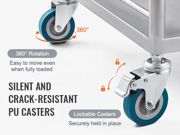 VEVOR stainless steel utility cart with 360° rotation and lockable pu casters for silent, tear-resistant movement.