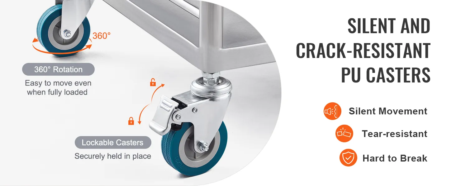 VEVOR stainless steel utility cart with 360° rotation and lockable pu casters for silent, tear-resistant movement.