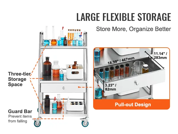 three-tier VEVOR stainless steel utility cart with pull-out drawer and guard bars for secure storage.