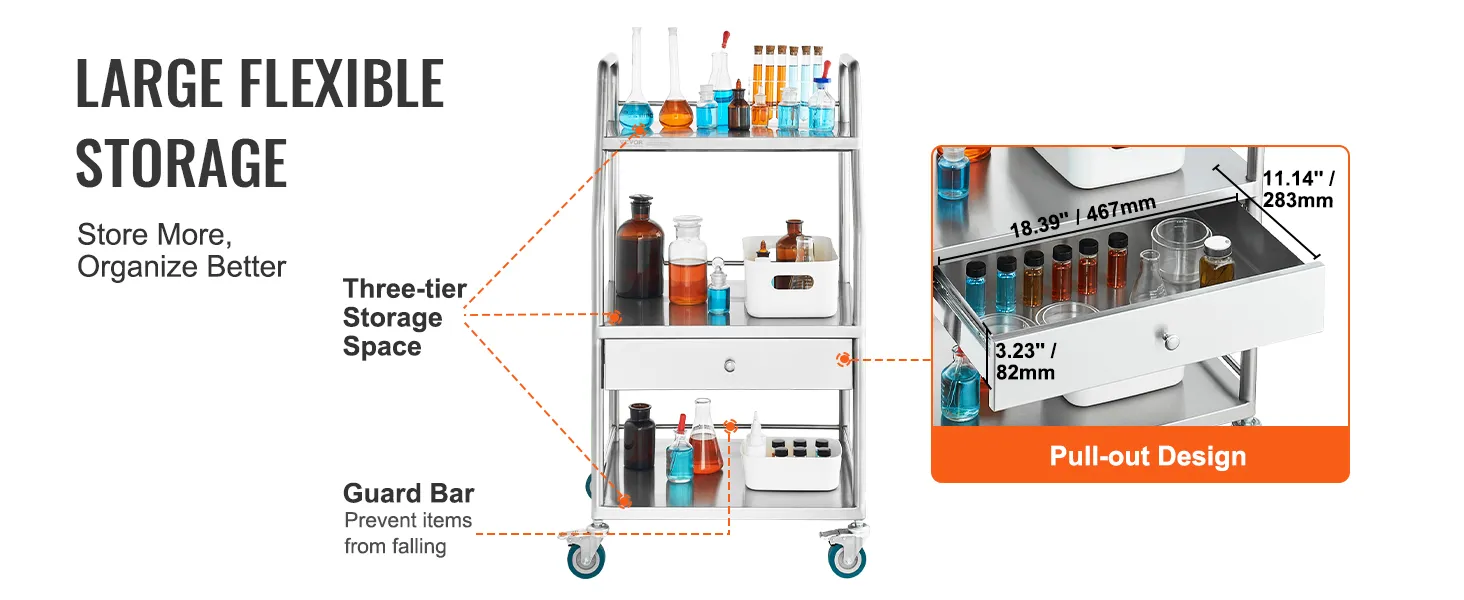three-tier VEVOR stainless steel utility cart with pull-out drawer and guard bars for secure storage.