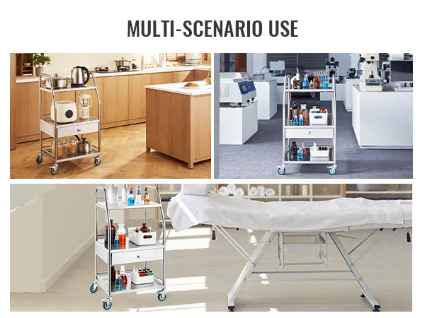 VEVOR stainless steel utility cart used in lab, kitchen, and medical clinic showcasing versatility.