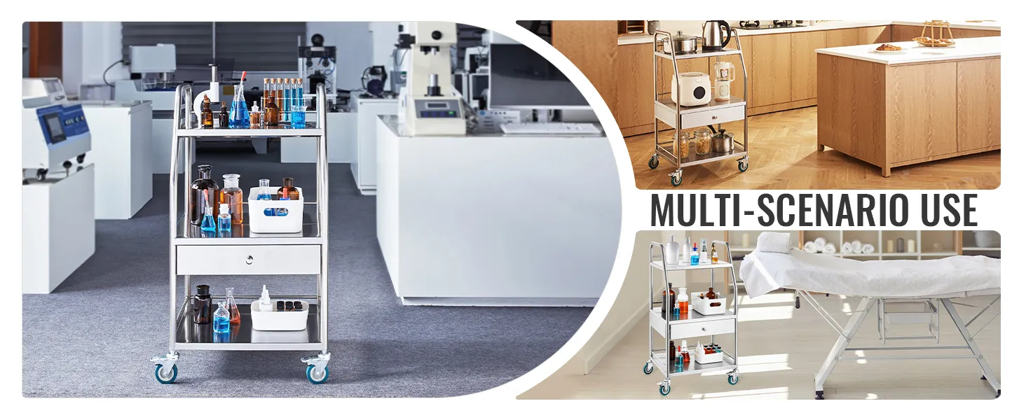VEVOR stainless steel utility cart used in lab, kitchen, and medical clinic showcasing versatility.