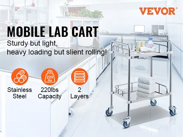 VEVOR stainless steel lab cart with 2 layers, 220lbs capacity, in a modern lab setting.