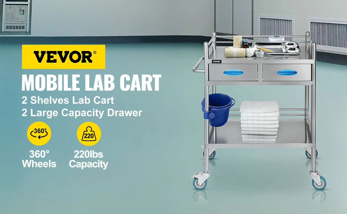 VEVOR stainless steel lab cart with 2 shelves and 2 drawers, 360° wheels, 220lbs capacity.